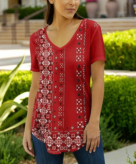 Lily | Red & White Geometric Curved-Hem Tunic - Women 1 Lily | Red & White Geometric Curved-Hem Tunic - Women