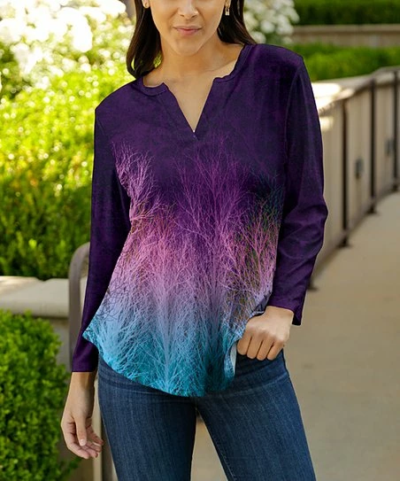 Lily | Blue & Purple Ombré Tree-Accent Notch Neck Top - Women & Plus 1 Lily | Blue & Purple Ombré Tree-Accent Notch Neck Top - Women & Plus