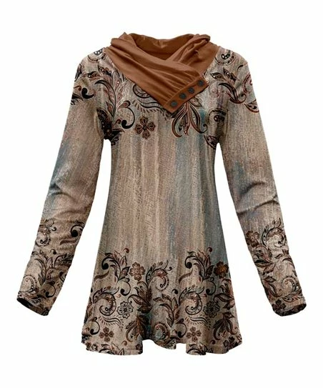 Lily | Brown & Black Floral Long-Sleeve Cowl Neck Tunic - Women 1 Lily | Brown & Black Floral Long-Sleeve Cowl Neck Tunic - Women