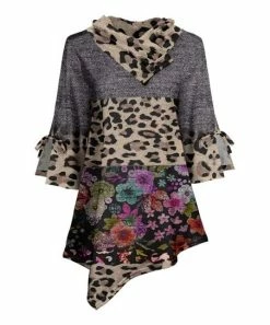 Lily | Black & Gray Leopard Floral Bell-Sleeve Cowl Neck Tunic - Women