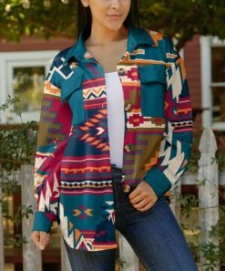 Lily | Teal & Red Geometric Pocket Button-Up Shacket - Plus