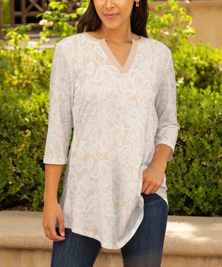 Lily | White & Beige Floral Three-Quarter Sleeve Notch Neck Tunic - Women & Plus 1 Lily | White & Beige Floral Three-Quarter Sleeve Notch Neck Tunic - Women & Plus