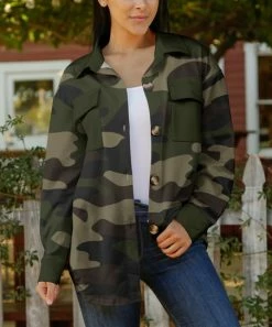 Lily | Olive & Brown Camo Chest-Pocket Button-Up Shacket - Plus