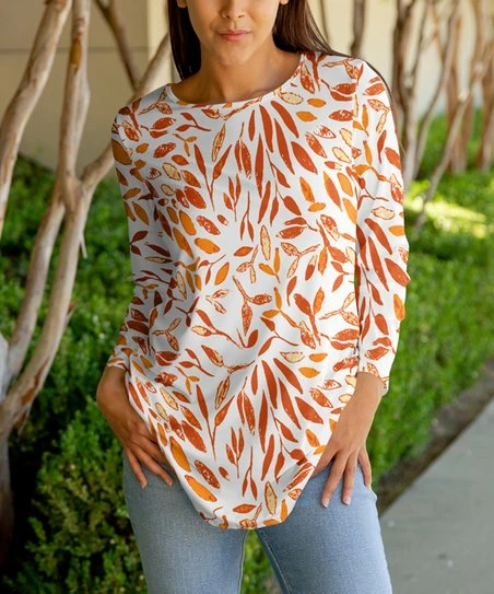 Lily | Rust & Orange Foliage Crewneck Long-Sleeve Tunic - Women & Plus 1 Lily | Rust & Orange Foliage Crewneck Long-Sleeve Tunic - Women & Plus