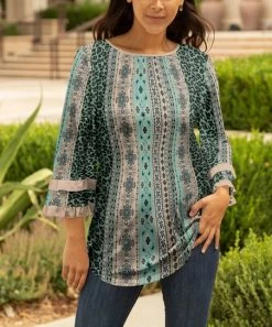 Lily | Turquoise & Beige Arabesque Ruffle-Sleeve Tunic - Women & Plus