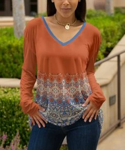 Lily | Orange & Blue Paisley Long-Sleeve V-Neck Tunic - Women & Plus