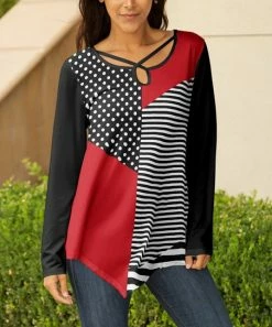 Lily | Black & Red Stripe Patchwork Keyhole Long-Sleeve Tunic - Women