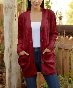 Lily | Red Cable-Knit Pocket Button-Up Cardigan - Women & Plus