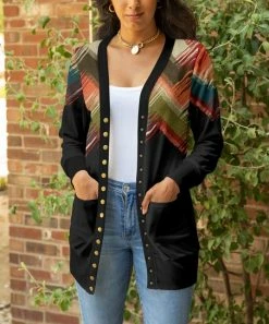 Lily | Black & Red Abstract Pocket Snap-Button Cardigan - Women & Plus