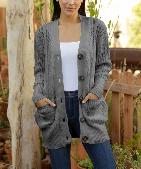 Lily | Gray Cable-Knit Pocket Button-Up Cardigan - Women & Plus 1 Lily | Gray Cable-Knit Pocket Button-Up Cardigan - Women & Plus