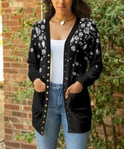 Lily | Black & White Floral Pocket Snap-Button Cardigan - Plus