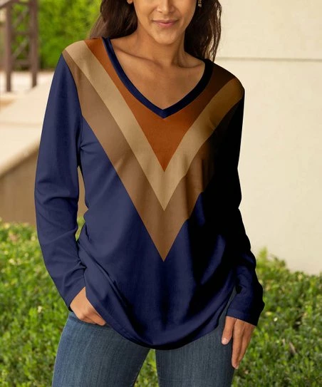 Lily | Navy & Brown Chevron Long-Sleeve V-Neck Tunic - Plus 1 Lily | Navy & Brown Chevron Long-Sleeve V-Neck Tunic - Plus