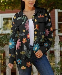 Lily | Back & Pink Floral Pocket Button-Up Shacket - Plus