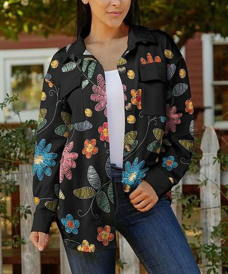 Lily | Back & Pink Floral Pocket Button-Up Shacket - Plus 1 Lily | Back & Pink Floral Pocket Button-Up Shacket - Plus