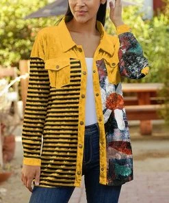 Lily | Yellow & Black Stripe Velvet Long-Sleeve Button-Up - Plus