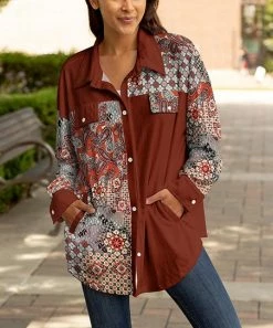Lily | Brown & Cream Floral Patchwork Pocket Curved-Hem Shacket - Women
