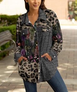 Lily | Black & Gray Melange Leopard Floral Pocket Curved-Hem Shacket - Women