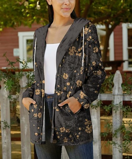 Lily | Gray & Orange Floral Velvet Hooded Cardigan - Women 1 Lily | Gray & Orange Floral Velvet Hooded Cardigan - Women