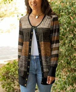 Lily | Brown & Beige Stripe Snap-Button Cardigan - Women