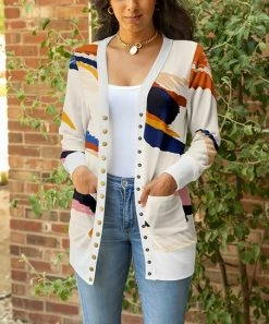 Lily | Cream & Blue Brushstroke Pocket Longline Snap-Up Cardigan - Women