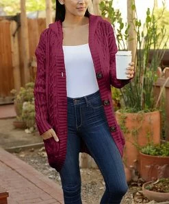 Lily | Dark Rose Cable-Knit Pocket Button-Up Cardigan - Women & Plus