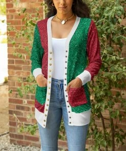 Lily | Red & Green Color Block Glitter-Print Pocket Snap-Button Cardigan - Women & Plus