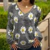Lily | Gray & White Daisy Long-Sleeve V-Neck Tunic - Plus
