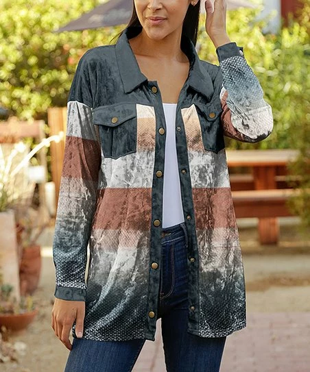 Lily | Navy & Rust Stripe Velvet Pocket Button-Up - Women 1 Lily | Navy & Rust Stripe Velvet Pocket Button-Up - Women