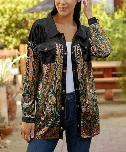 Lily | Black & Orange Paisley Velvet Pocket Button-Up - Plus