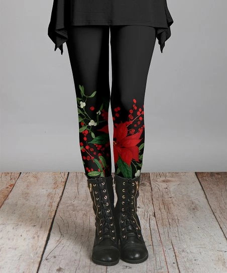 Lily | Black & Red Ponsettia Leggings - Women & Plus 1 Lily | Black & Red Ponsettia Leggings - Women & Plus