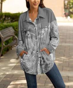 Lily | Gray & White Abstract Button-Up Shacket - Women