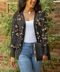 Lily | Charcoal & Orange Blossoms Button-Snap V-Neck Cardigan - Plus