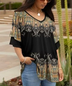 Lily | Black & Goldtone Mandala Ruffle-Sleeve V-Neck Tunic - Plus