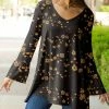 Lily | Charcoal & Brown Blossoms Flute-Sleeve V-Neck Tunic - Women