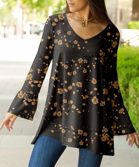 Lily | Charcoal & Brown Blossoms Flute-Sleeve V-Neck Tunic - Women 1 Lily | Charcoal & Brown Blossoms Flute-Sleeve V-Neck Tunic - Women