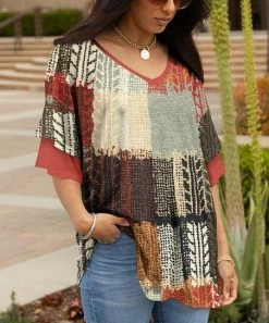 Lily | Rust & Green Patchwork Ruffle-Sleeve V-Neck Tunic - Women