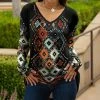 Lily | Black & Rust Geometric Long-Sleeve V-Neck Tunic - Plus