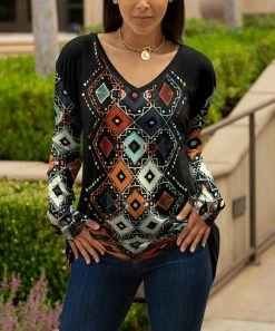 Lily | Black & Rust Geometric Long-Sleeve V-Neck Tunic - Plus
