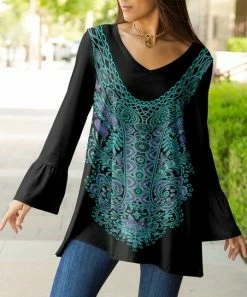 Lily | Teal & Black Mandala Flute-Sleeve V-Neck Tunic - Plus