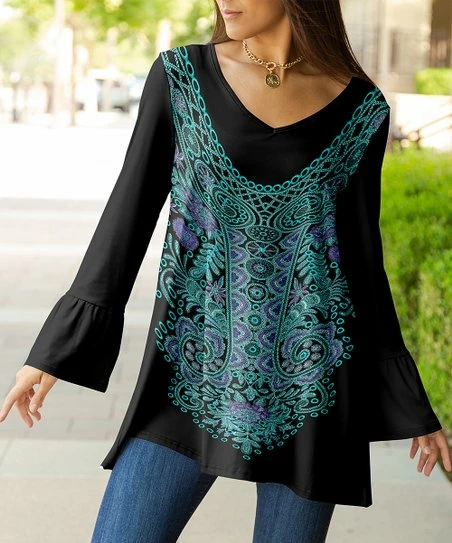 Lily | Teal & Black Mandala Flute-Sleeve V-Neck Tunic - Plus 1 Lily | Teal & Black Mandala Flute-Sleeve V-Neck Tunic - Plus