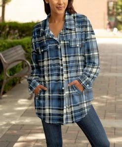 Lily | Blue & Cream Plaid Pocket Button-Up Shacket - Plus