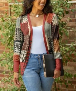 Lily | Rust & Beige Abstract Button-Snap V-Neck Cardigan - Plus