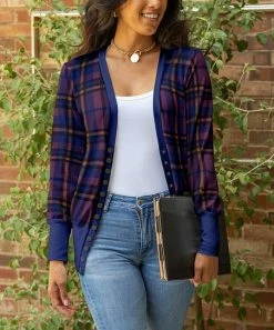 Lily | Blue & Purple Plaid Button-Snap V-Neck Cardigan - Plus