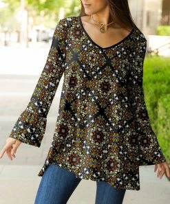 Lily | Black & Goldtone Geometric Flute-Sleeve V-Neck Tunic - Plus