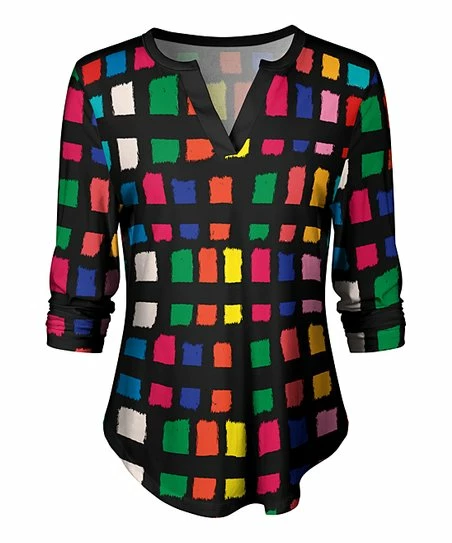 Lily | Black & Vibrant Abstract Curved-Hem Notch Neck Top - Women 1 Lily | Black & Vibrant Abstract Curved-Hem Notch Neck Top - Women