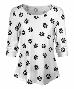Lily | White & Black Paw-Print Peplum Boatneck Top - Plus