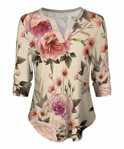 Lily | Beige & Pink Floral Curved-Hem Notch Neck Top - Plus