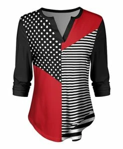 Lily | Black & Red Stripe Polka Dot-Accent Curved-Hem Notch Neck Top - Plus