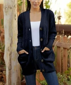 Lily | Dark Blue Cable-Knit Pocket Cardigan - Women