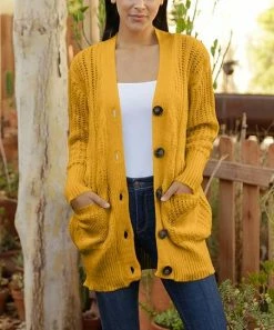 Lily | Gold Cable-Knit Pocket Cardigan - Plus